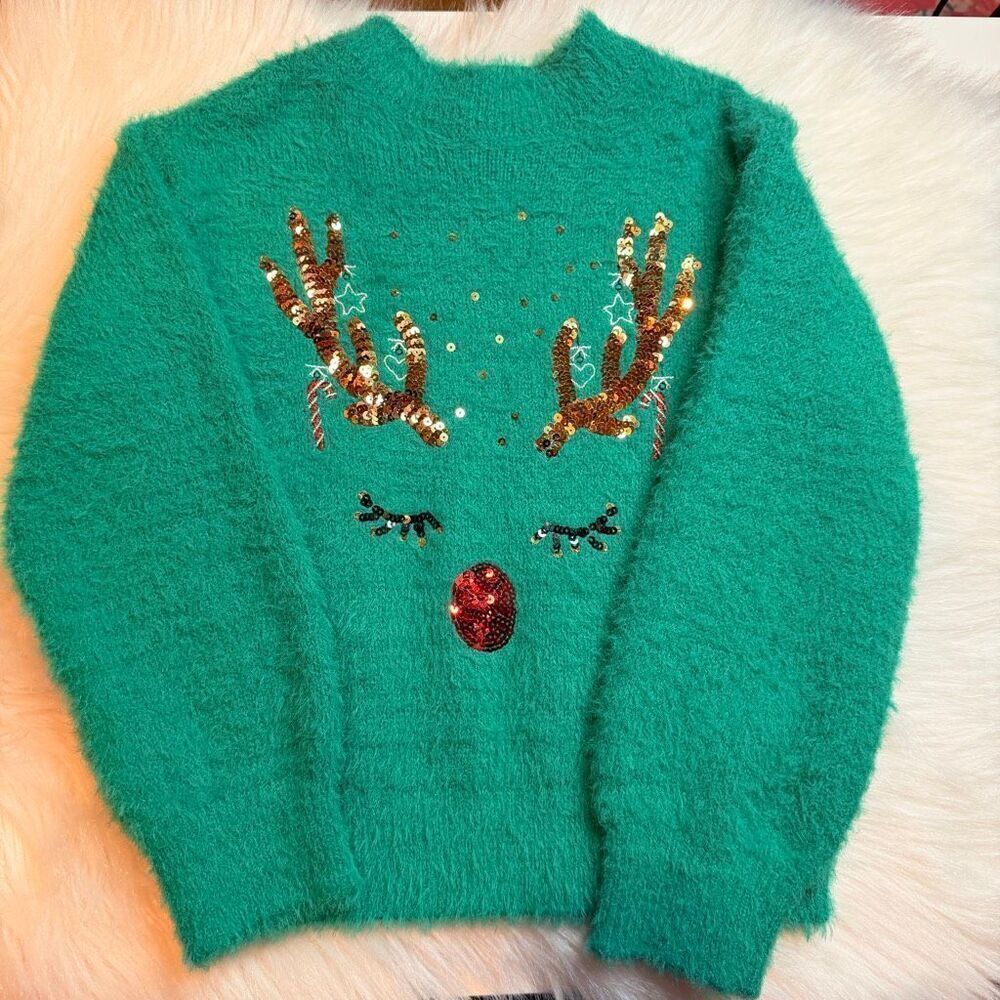 Crown & Ivy Girls Reindeer Fuzzy Sweater Christmas Holiday Size 5 Preowned